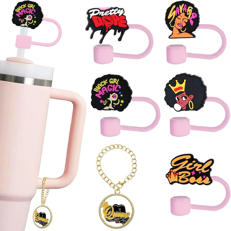 TSIMPLE Black Girl Straw Cover Compatible with Stanley Tumbler - 5PCS Silicone Straw Cover and 1PCS Cute Keychain Tumbler Accessories - Black Girl Gifts, Accessories Decorations - Image 1